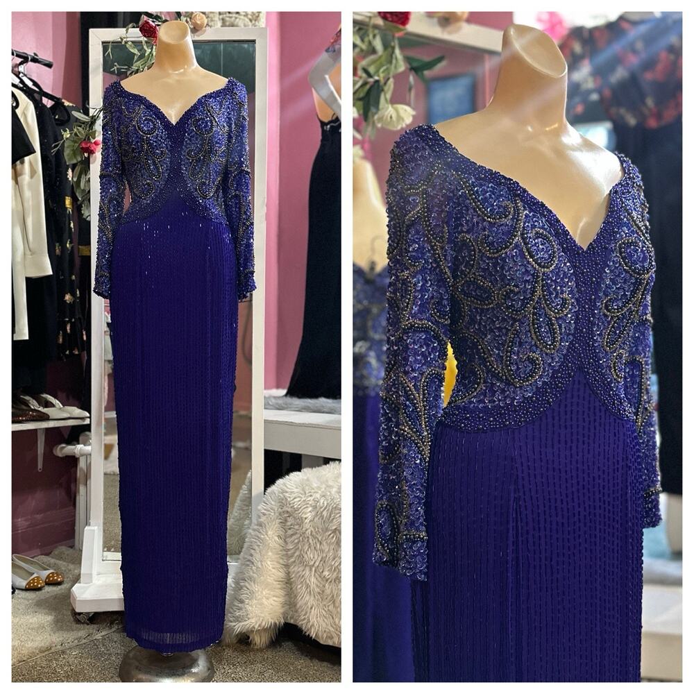 Vintage 80s 90s Beaded Maxi Evening Formal Dress Blue Purple Dallas Formal M